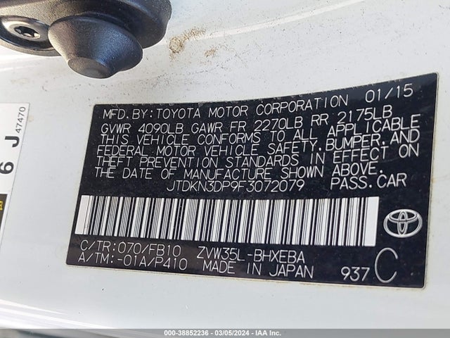 2015 TOYOTA PRIUS PLUG-IN VIN: JTDKN3DP9F3072079