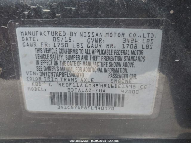 3N1CN7AP8FL940970 Nissan Versa 1.6 S+