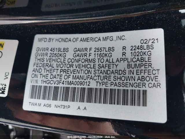 1HGCV3F41MA009012 Honda Accord Hybrid Ex