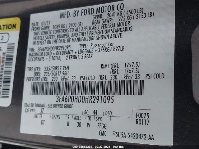 Ford FUSION SE 2017 3FA6P0HD0HR291095 Image 9