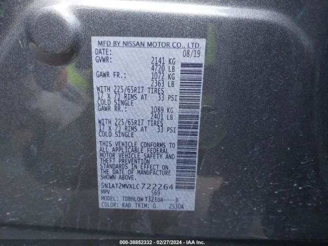 5N1AT2MVXLC722264 Nissan Rogue Sv Intelligent Awd