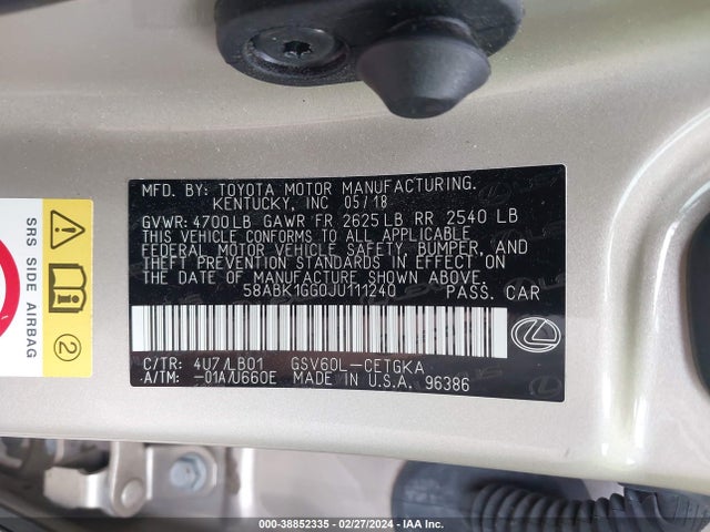 58ABK1GG0JU111240 Lexus ES 350