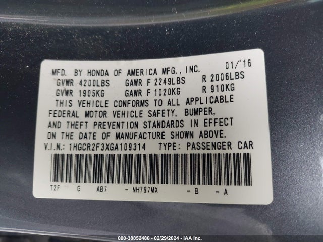 Honda ACCORD LX 2016 1HGCR2F3XGA109314 Image 9