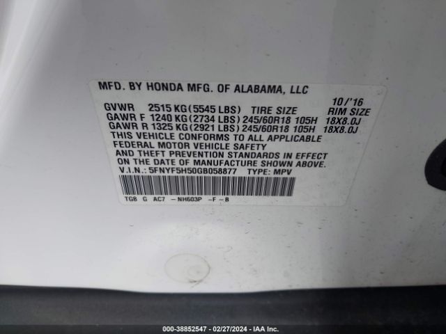 5FNYF5H50GB058877 Honda Pilot Ex-l