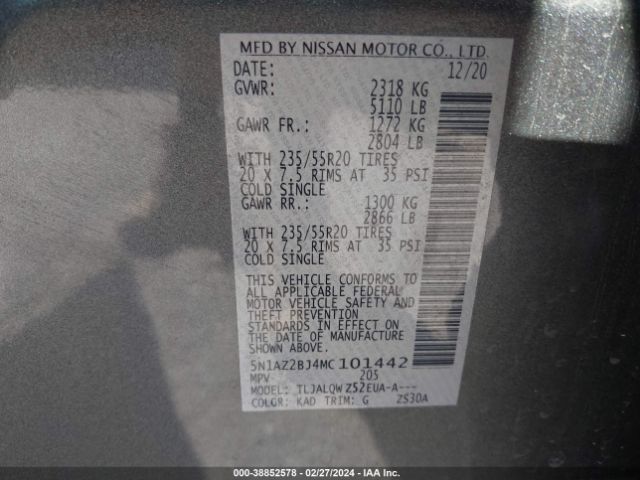5N1AZ2BJ4MC101442 Nissan Murano Sv Fwd