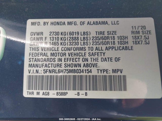 Honda Odyssey Ex-l 2021 5FNRL6H75MB034154 Image 9