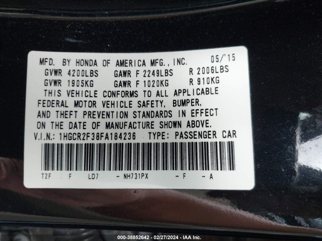 Honda ACCORD LX 2015 1HGCR2F38FA184236 Image 9