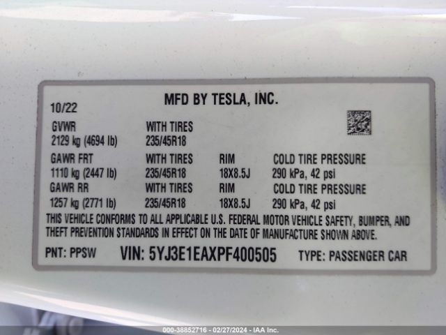 5YJ3E1EAXPF400505 Tesla Model 3 Rear-wheel Drive