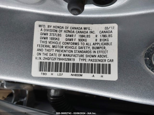 Honda CIVIC EX 2017 2HGFC2F79HH528419 Image 9