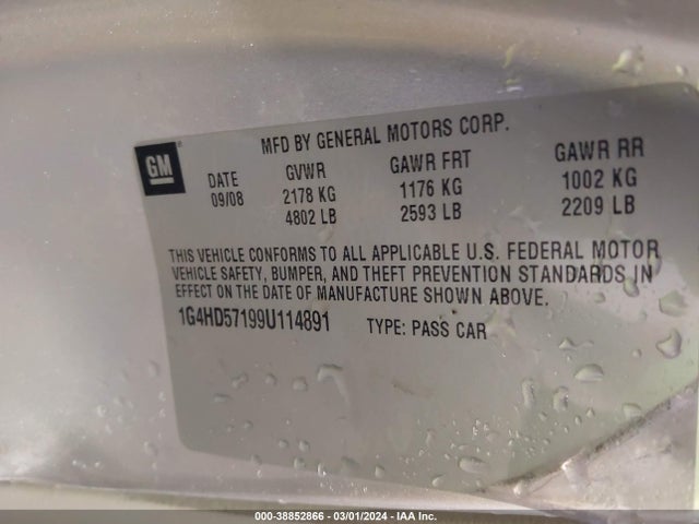 38852866 :رقم المزاد ، 1G4HD57199U114891 vin ، 2009 Buick Lucerne Cxl مزاد بيع