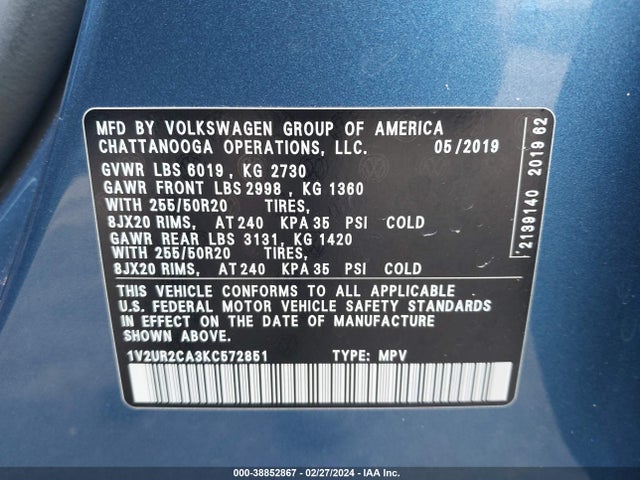1V2UR2CA3KC572851 Volkswagen Atlas 3.6l V6 Se W/technology