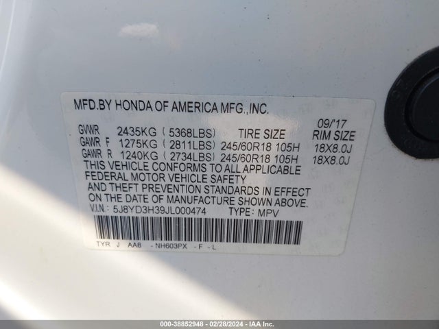 5J8YD3H39JL000474 Acura MDX