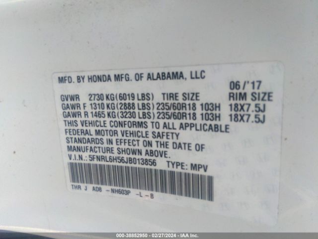 5FNRL6H56JB013856 Honda ODYSSEY EX