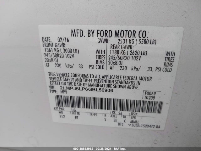 Lincoln Mkx Reserve 2016 2LMPJ6LP6GBL56906 Image 9