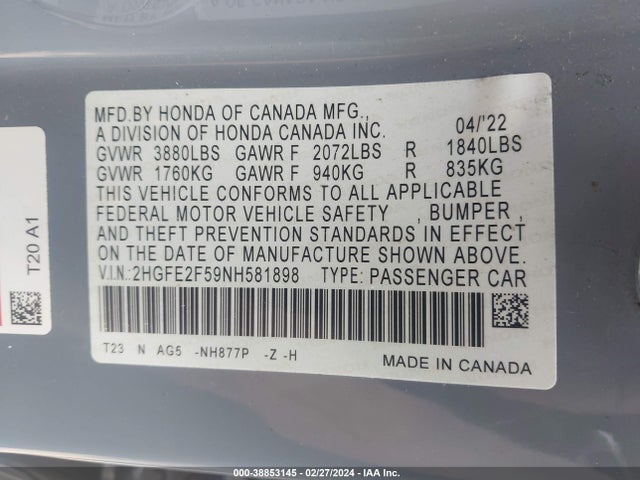 Honda Civic Sport 2022 2HGFE2F59NH581898 Image 9