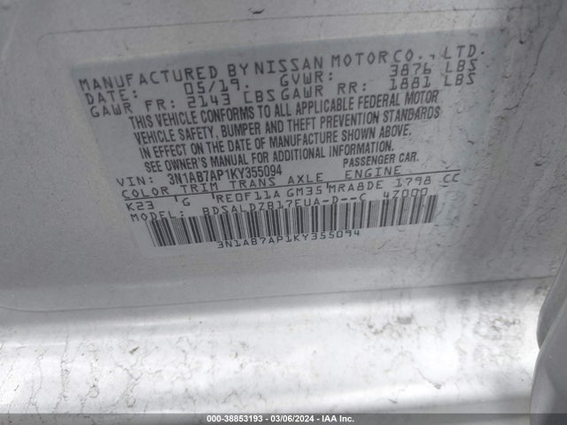Nissan SENTRA SV 2019 3N1AB7AP1KY355094 Image 9