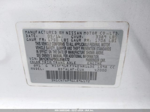 3N1CN7AP9GL896172 Nissan Versa 1.6 S