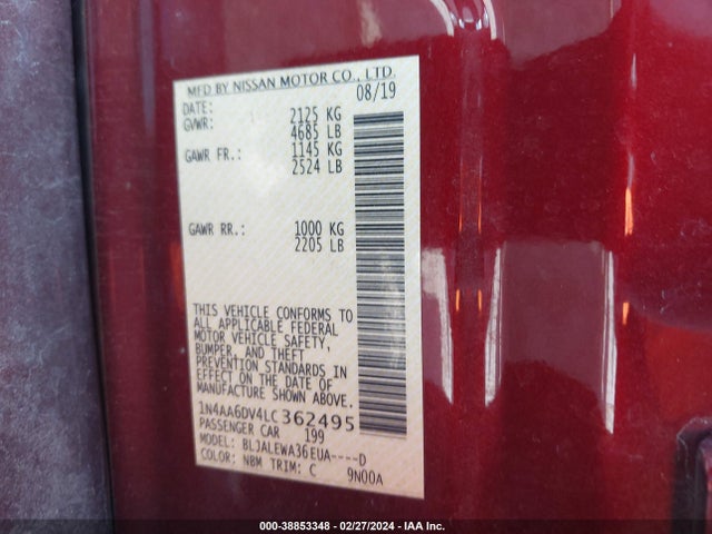 Nissan Maxima Sl Xtronic Cvt 2020 1N4AA6DV4LC362495 Image 9