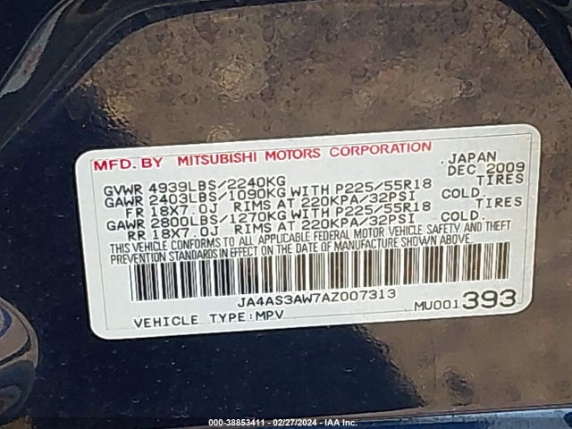 2010 MITSUBISHI OUTLANDER SE VIN: JA4AS3AW7AZ007313