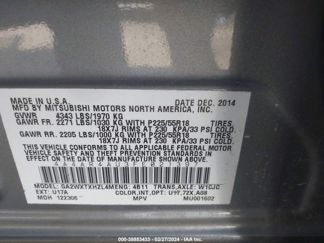 4A4AR4AU3FE021397 Mitsubishi Outlander Sport Se
