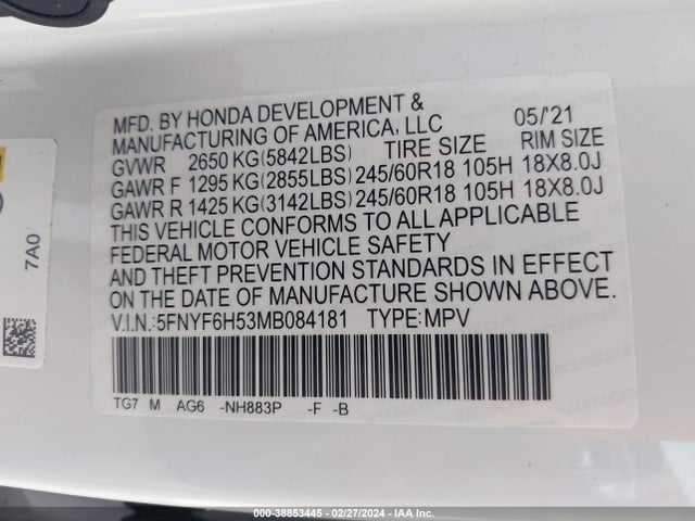 Honda Pilot Awd Ex-l 2021 5FNYF6H53MB084181 Image 9