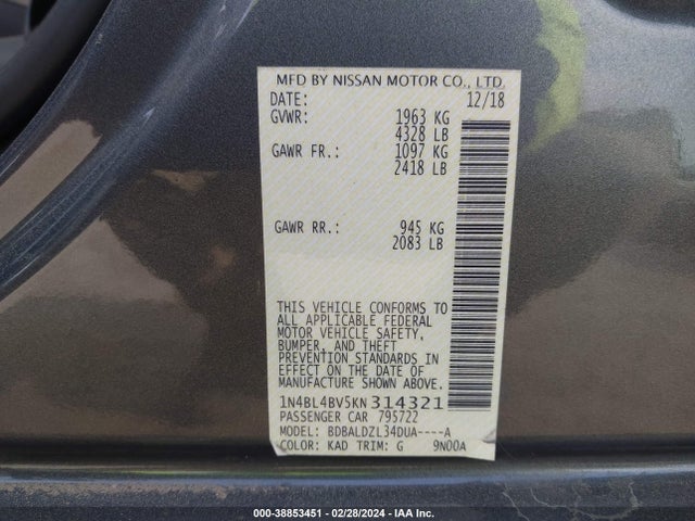 Nissan Altima 2.5 S 2019 1N4BL4BV5KN314321 Image 9