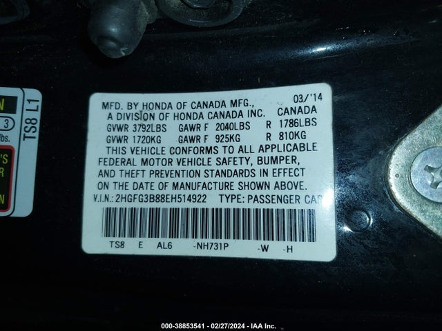 Honda CIVIC EX 2014 2HGFG3B88EH514922 Image 9