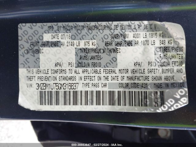 3MZBM1U75GM316637 Mazda Mazda3 I Sport