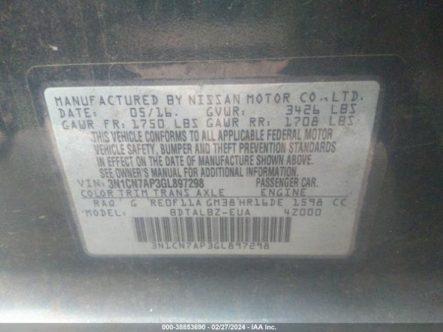 3N1CN7AP3GL897298 Nissan Versa 1.6 Sv