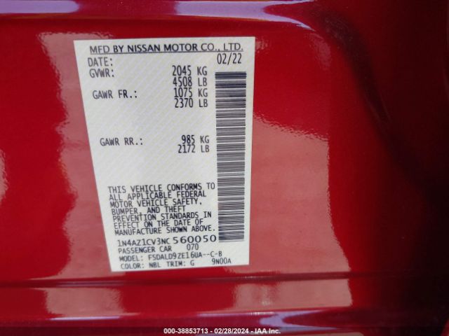 1N4AZ1CV3NC560050 Nissan Leaf Sv 40 Kwh