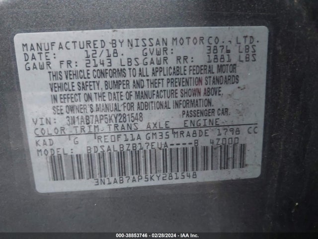 Nissan SENTRA S 2019 3N1AB7AP5KY281548 Image 9