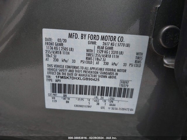Ford EXPLORER XLT 2020 1FMSK7DHXLGB90425 Image 9