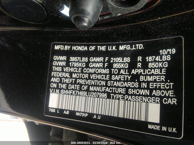 Honda CIVIC EX 2020 SHHFK7H69LU207996 Image 9