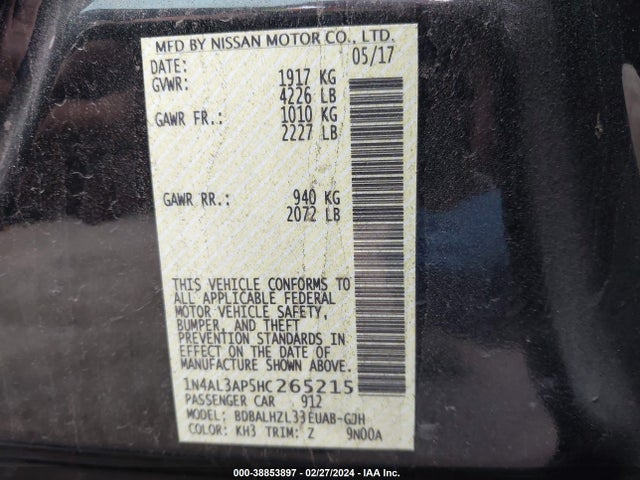 Nissan Altima 2.5 Sr 2017 1N4AL3AP5HC265215 Image 9