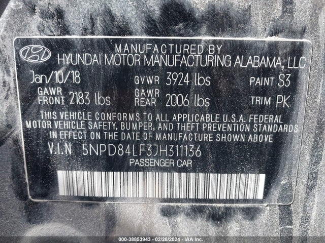 5NPD84LF3JH311136 Hyundai ELANTRA SEL