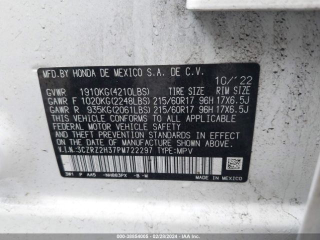 3CZRZ2H37PM722297 Honda Hr-v Awd Lx