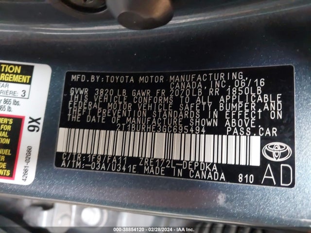 Toyota COROLLA L 2016 2T1BURHE3GC695494 Image 9