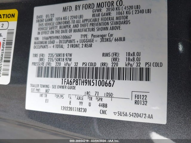 Ford Mustang Ecoboost Premium Fastback 2022 1FA6P8TH9N5100667 Image 9