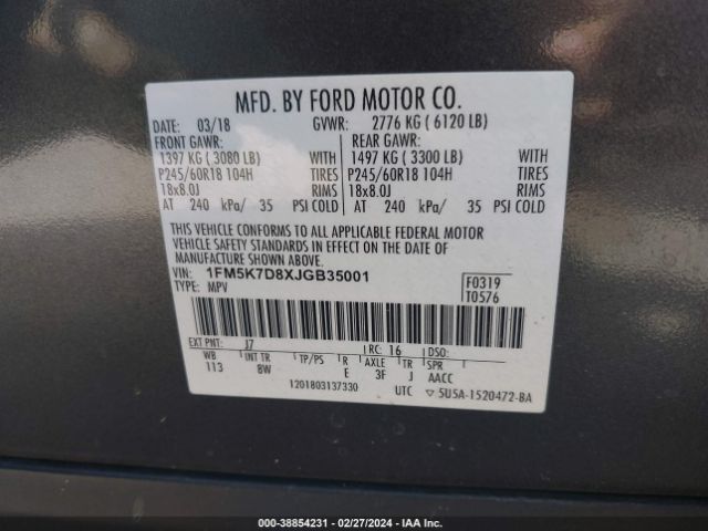 1FM5K7D8XJGB35001 Ford EXPLORER XLT