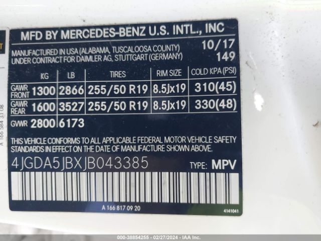 4JGDA5JBXJB043385 Mercedes-Benz GLE 350