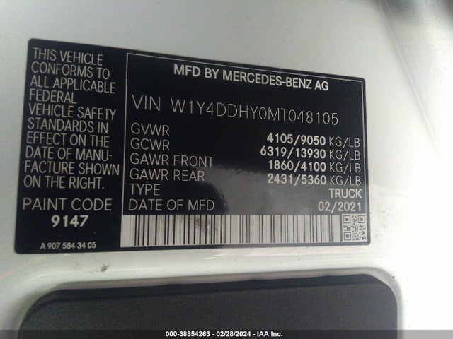 W1Y4DDHY0MT048105 Mercedes-Benz Sprinter 2500 High Roof I4 Diesel