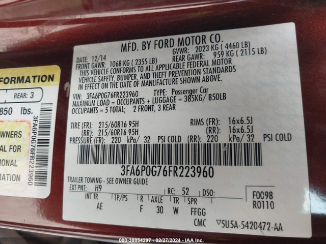 Ford FUSION S 2015 3FA6P0G76FR223960 Image 9
