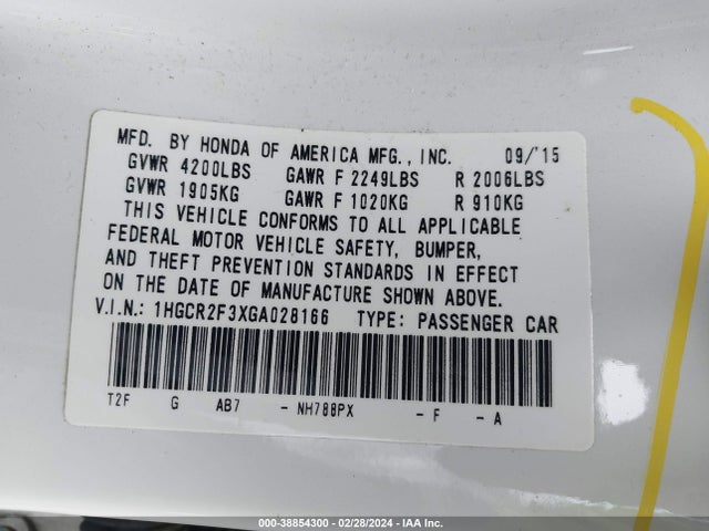 Honda ACCORD LX 2016 1HGCR2F3XGA028166 Image 9