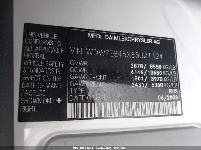 Aukcja sprzedaży 2008 Dodge Sprinter Wagon 2500, vin: WDWPE845X85321124, numer aukcji: 38854321