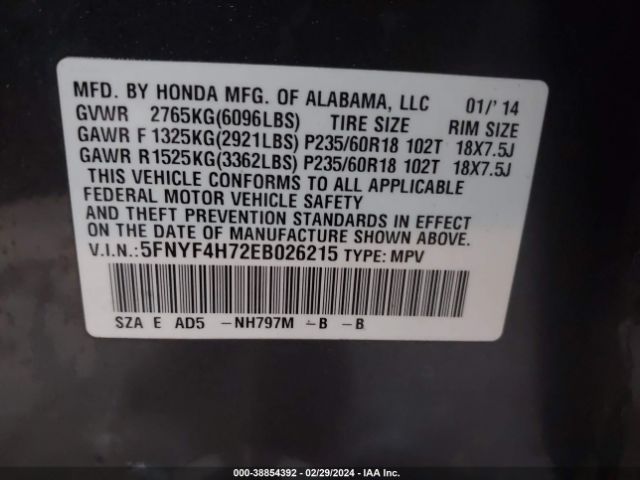 5FNYF4H72EB026215 Honda Pilot Ex-l