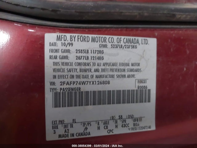2000 FORD CROWN VICTORIA LX VIN: 2FAFP74W7YX126808