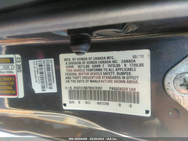 38854489 :رقم المزاد ، 2HGFG1B87BH519397 vin ، 2011 Honda Civic Ex مزاد بيع
