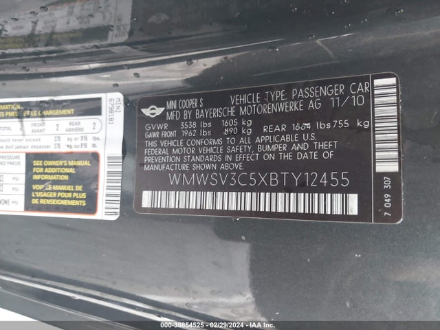 2011 MINI COOPER S WMWSV3C5XBTY12455 Photo 8