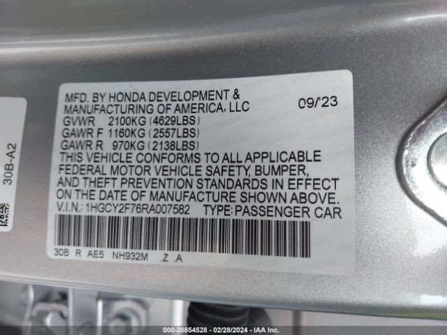 1HGCY2F76RA007582 Honda Accord Hybrid Sport-l