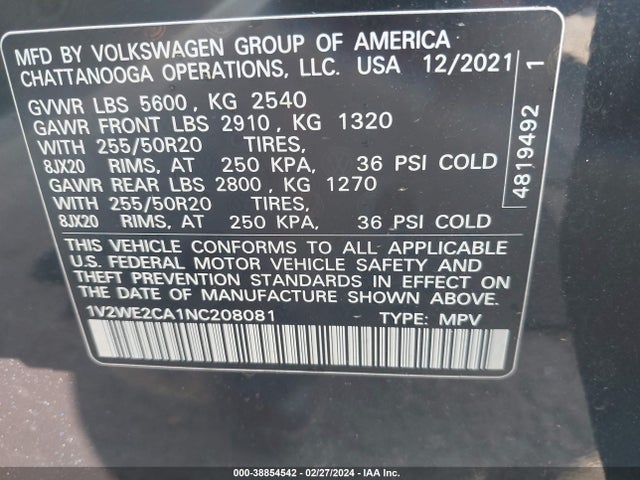 1V2WE2CA1NC208081 Volkswagen Atlas Cross Sport 3.6l V6 Se W/technology